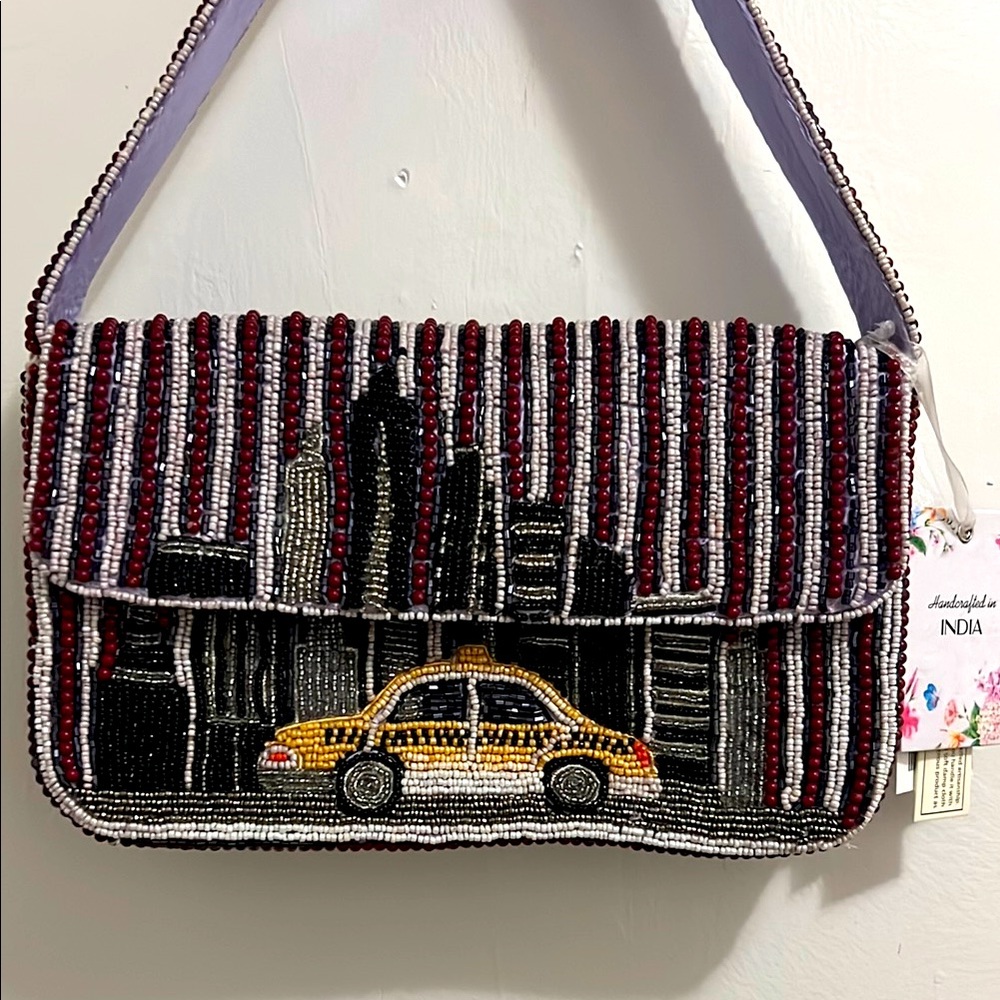 Handcrafted in India City skyline taxi cab beaded bag NEW